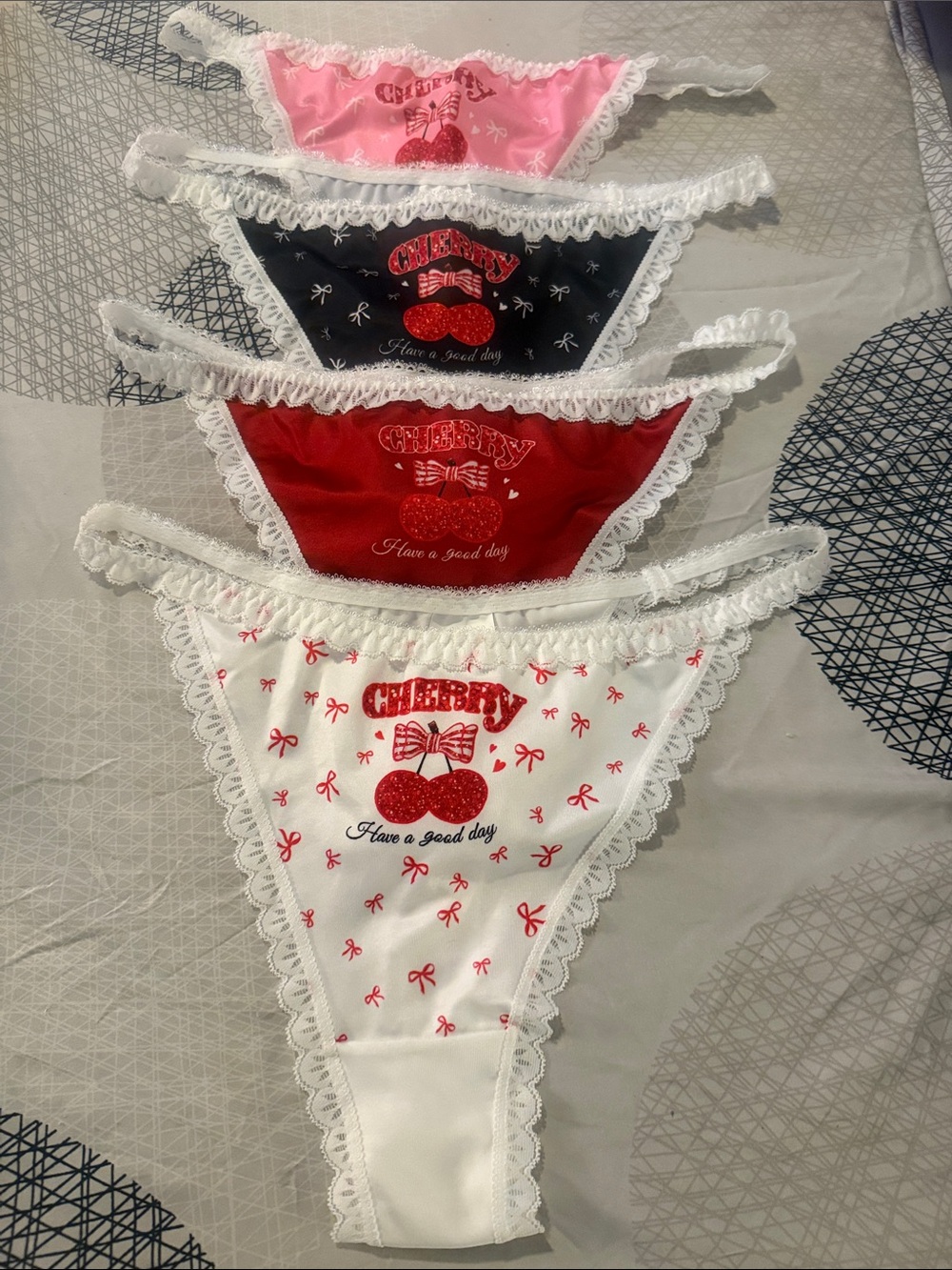 Lace Trim Cherry Thong Set - Pink, Black, Red, White